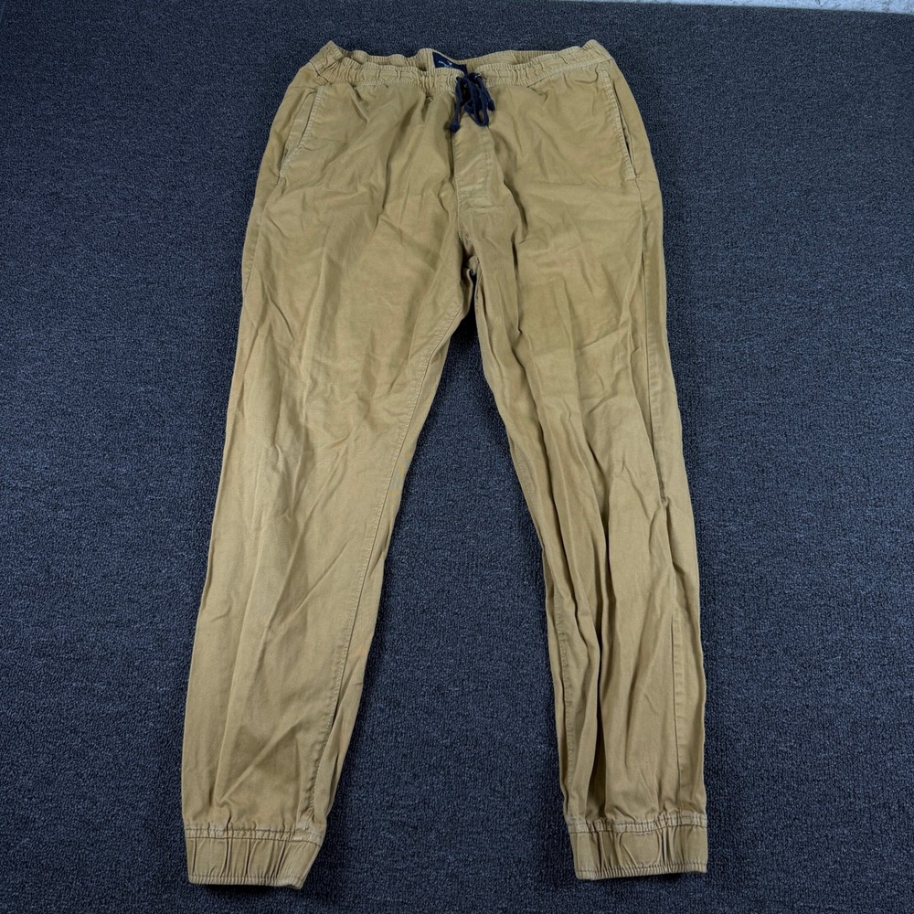 American Eagle Jogger Men Large Twill Khaki Tan Elastic Waist Drawstring EUC